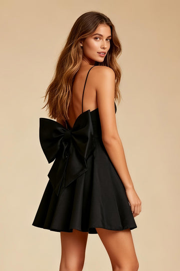 A Line Black Spaghetti Straps Mini Dress with Bow